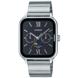 Casio férfi karóra, rozsdamentes acél, fekete számlap, WR50, holdfázis, dátum