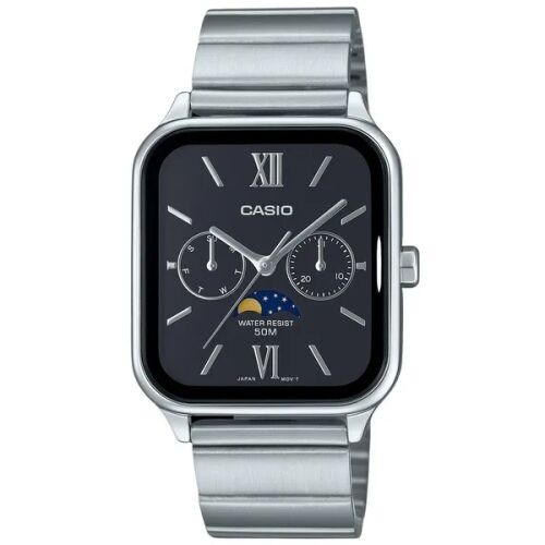 Casio férfi karóra, rozsdamentes acél, fekete számlap, WR50, holdfázis, dátum