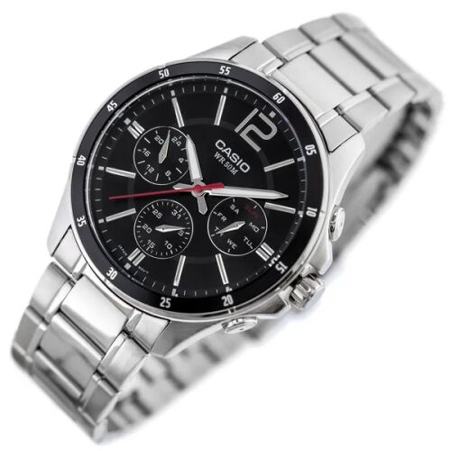 Casio MTP-1374D-1AV Herren Chronograph Uhr mit schwarzem Zifferblatt und Edelstahlarmband