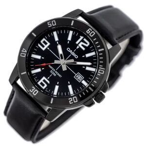 Casio MTP-VD01BL-1B férfi karóra, fekete acél tok 45 mm, bőrszíj, WR50