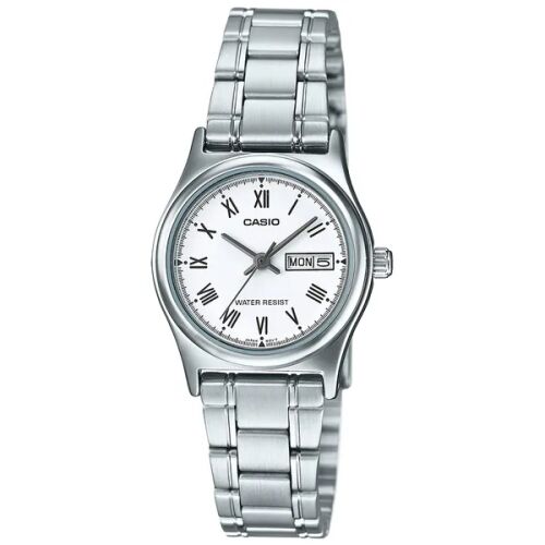 Casio LTP-V006D-7B női karóra, ezüst rozsdamentes acél szíj, fehér számlap