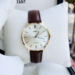 Casio női karóra LTP-VT01GL-9B arany számlap barna bőrszíj 34mm WR30 díszdoboz 130496179 - Női kiegészítő