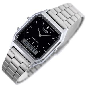 Unisex hodinky Casio Vintage AQ-230A-1DMQYES s nerezovým remienkom, čiernym ciferníkom, šikmý pohľad - Casio