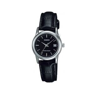 Casio női karóra fekete bőrszíjjal és ezüst tokkal, elölnézet - Casio