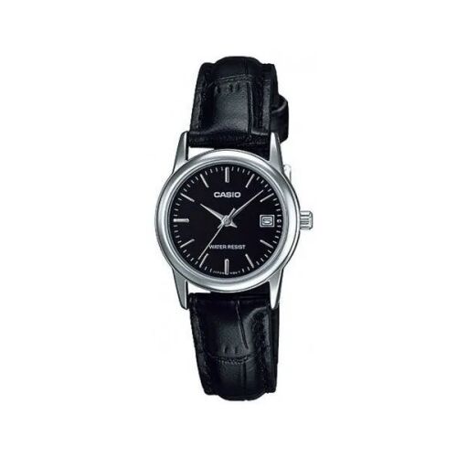 Casio női karóra fekete bőrszíjjal és ezüst tokkal, elölnézet