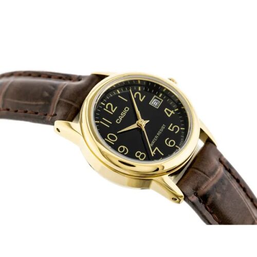 Oldalnézet Casio LTP-V002GL női karóra, arany tok, barna bőrszíj, fekete számlap