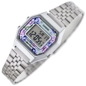 Dámske digitálne hodinky Casio LA680WA-2C s tyrkysovým kvetinovým ciferníkom a strieborným nerezovým remienkom - Casio