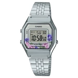 Casio LA680WA-4CDF női digitális karóra ezüst színű rozsdamentes acél szíjjal és virágos kijelzővel - Casio