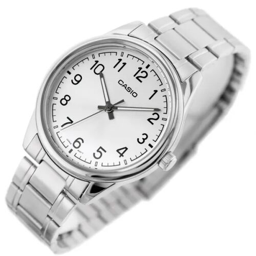Casio MTP-V005D-7B4 Herrenuhr, Silber, Edelstahl, schräge Ansicht