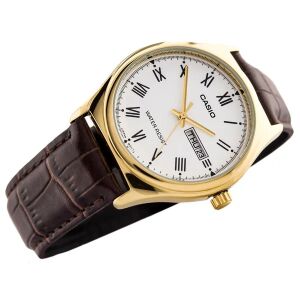 Casio MTP-V006GL-7B férfi arany óra barna bőrszíjjal, közelkép - Casio