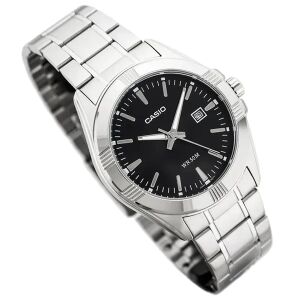 Ceas bărbătesc Casio MTP-1308D-1AV din oțel inoxidabil cu cadran negru, vedere în unghi - Casio