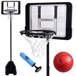 Kollázs az állítható kültéri kosárlabda állványról labdával és pumpával - Kosárlabdázás
