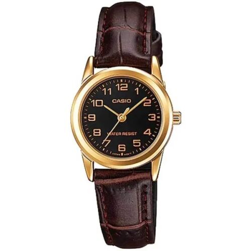 Casio LTP-V001GL-1B női karóra arany tokkal és barna bőrszíjjal