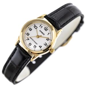 Pohľad pod uhlom na dámske zlaté hodinky Casio s čiernym koženým remienkom - Casio