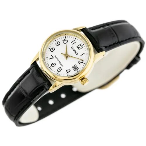 Casio LTP-V002GL-7B2 női karóra, arany tok, fekete bőrszíj, ferde nézet