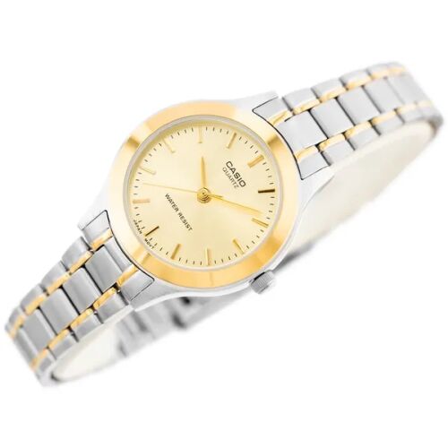 Casio LTP-1128G-9A női karóra, ezüst és arany rozsdamentes acél szíj, ferde nézet - Casio