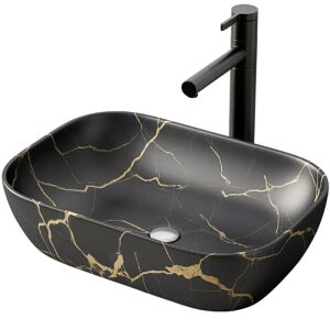 Márvány kerámia ovális mosdókagyló vénákkal 46.5x33cm, fekete matt 