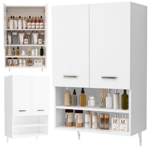 FALRA weißer Badezimmerschrank mit offenen Regalen und geschlossenem Stauraum, ideal für die Aufstellung über der Toilette oder der Waschmaschine - Badezimmerschrank