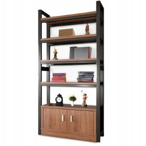 Stojący regał na książki w stylu industrialnym z czarną metalową ramą i drewnianymi półkami - Półka i regał