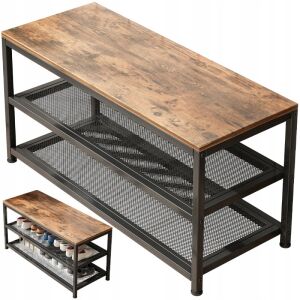 Lavica na topánky v industriálnom loft štýle s dvoma policami a dreveným sedadlom, šikmý pohľad - Botníky