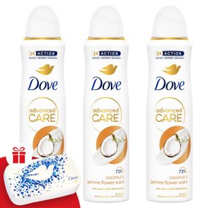 Dove Advanced Care dámsky dezodorant s vôňou kokosu a jazmínových kvetov 3x150ml + darčeková sada na manikúru 130512001