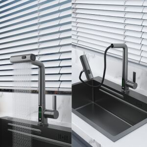 Welland FH-3428CR-5 mosogató smart csaptelep - kihúzható multifunkciós fej - vízhőfok kijelző (szürke)