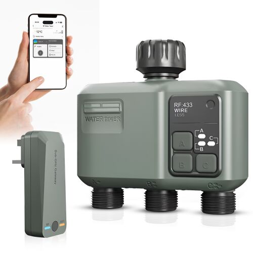 Zadabso® öntöző/kerti víz időzítő, Wifi adapter, Wifi és Bluetooth, 3 kimenet, Tuya App kompatibilis, eső időzítő, kerti pázsithoz, elemmel működtethető