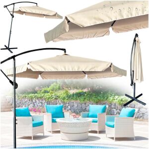 Collage of large beige cantilever patio umbrella in outdoor setting - Awning & Shade
