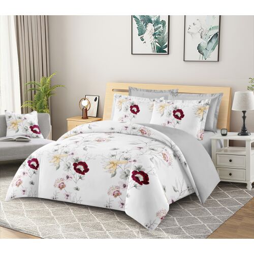 BEILAI 6 részes ágyneműhuzat garnitúra piros és fehér virágmintával, hálószobai környezetben