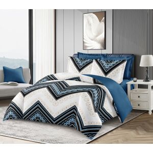 BEILAI 6 részes ágyneműhuzat garnitúra kék, fehér és fekete geometriai mintával, hálószobai környezetben. - Ágynemű - ifjúsági és felnőtt
