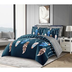 BEILAI 6 részes ágyneműhuzat garnitúra, kétszemélyes, kék és barna toll mintás - Ágynemű - ifjúsági és felnőtt