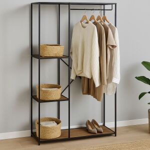 Garderoba H&S Collection z czarnego metalu i drewna z półkami i drążkiem do wieszania, ubrania i kosze do przechowywania - Gardroób