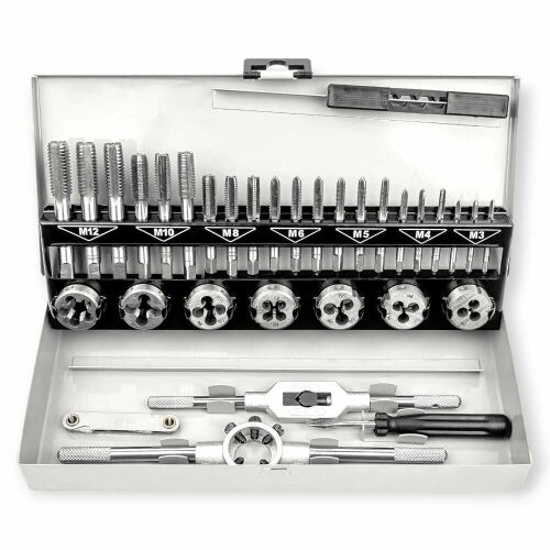 Sada závitov a závitov Haina HA-1443, 32-dielna, v kovovej krabičke, presná oceľová sada nástrojov