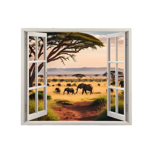 VIEW TO HAVEN 08 nyomtatott falmatrica, 125x110cm, szafari táj elefántokkal egy ablakon keresztül