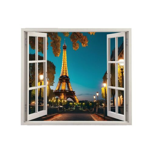 Közelkép az Eiffel torony ablak kilátású fali matricáról, Folie imprimata color VIEW TO HAVEN 26, dekoratív fali művészet