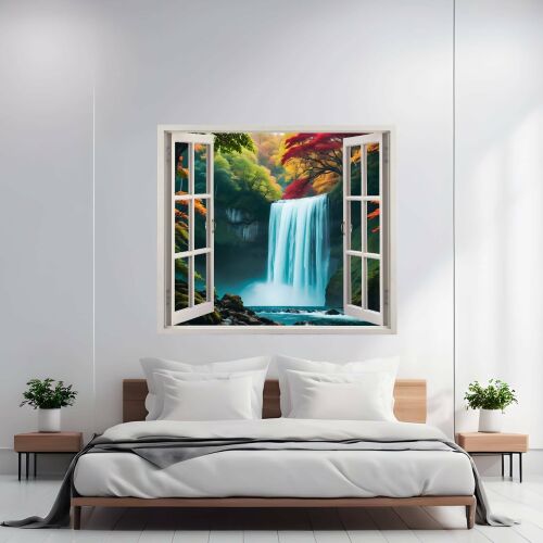 VIEW TO HAVEN 39 nyomtatott fólia falmatrica hálószobában. Vízesés ablak kilátás faldekoráció.