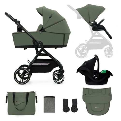 Kinderkraft Yoxi 3in1 Mistic Green stroller set with bassinet, car seat, and accessories