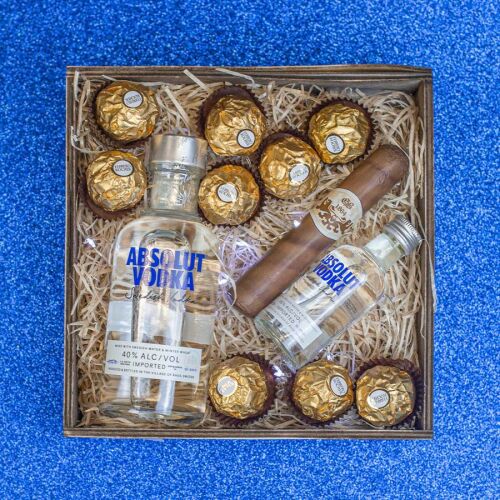 Wood Box: Absolut vodka ital + Ferrero Rocher + csoki szivar ajándék csomag 130644632