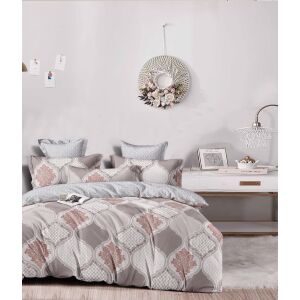 BEILAI 6 részes ágyneműhuzat garnitúra barna, fehér és szürke virágmintával, bevetett ágyon, stílusos hálószobai környezetben. - Ágynemű - ifjúsági és felnőtt