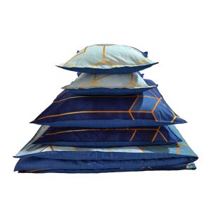 Egymásra rakott BEILAI 6 részes dupla ágynemű garnitúra kék, fehér és sárga geometriai mintával. - Ágynemű - ifjúsági és felnőtt