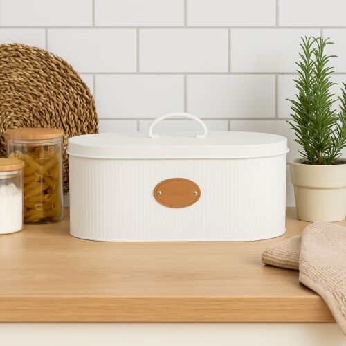 Бял метален контейнер за хляб Excellent Houseware с капак и етикет 'Bread'
