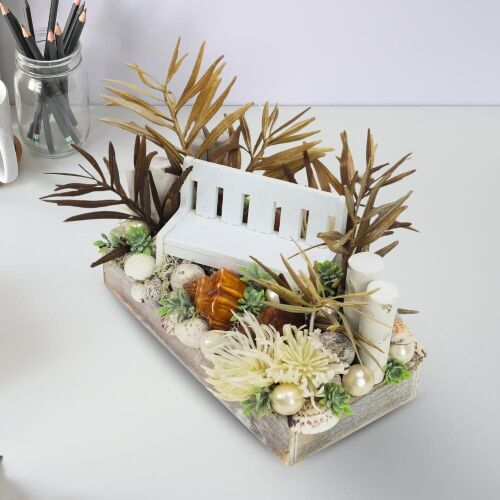 DIY Mediterrán tengerparti kompozíció paddal, dekoratív elrendezés fehér paddal, szárított virágokkal, kagylókkal és gyöngyökkel - Otthon és kert