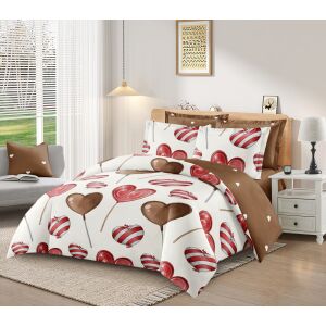 BEILAI 7 részes ágyneműhuzat garnitúra piros és fehér szív mintával egy ágyon, hálószobai környezetben - Ágynemű - ifjúsági és felnőtt