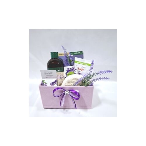 Levendula kényeztető csomag ajándékdoboz levendula szappannal, Herbamedicus tusfürdővel, Naturland kézkrémmel, levendula olajjal, fürdősóval, bambusz szivaccsal, Garnier arcmaszkkal