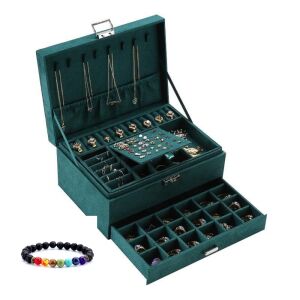 Ékszerdoboz készlet, smaragdzöld, kulccsal, elegáns, bársonyos anyag, kifinomult design, hordozható, tartozék Aromaterápiás energia karkötő, 7 csakra, vulkanikus kőzet.