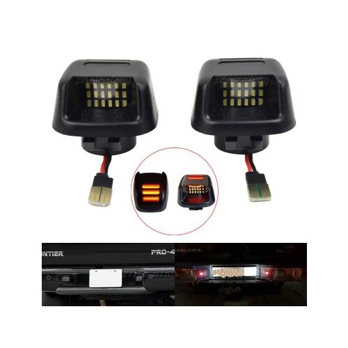 Lumini LED pentru plăcuța de înmatriculare Nissan Navara D40, Armada, Titan, Xterra și Suzuki Equator, vedere instalată și prim-plan