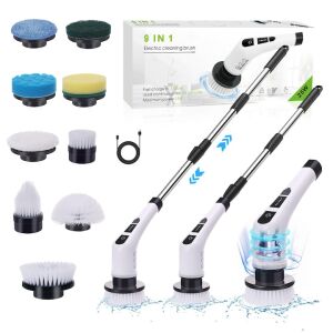 Perie Electrica Rotativa pentru Curatare Bucatarie, Baie, Pardoseala, Geamuri, Masina, 9 Capete, Autonomie 90 de Minute, 400 RPM, 2 Viteze, Maner Extensibil de 137 cm, Reincarcabila USB, Alum