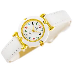 Perfect gyerek kvarc óra színes számokkal és fehér bőrszíjjal, ferde nézet - Baba & Gyerek divat