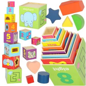 Set turn de stivuire din lemn Fa Montessori cu forme și cuburi - Jocuri de sortare a formelor