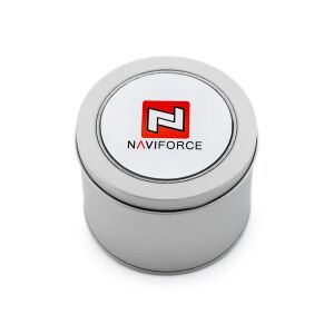 Pudełko na zegarek Naviforce, srebrne, metalowe z logo na białym tle - Skrzynka na zegary i zegarki